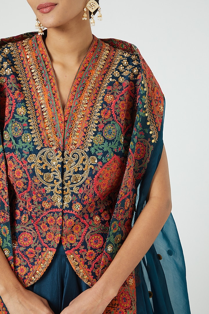 Navy Blue Chanderi & Raw Silk Jacket Wedding Lehenga Set by Debyani at Pernia's Pop Up Shop