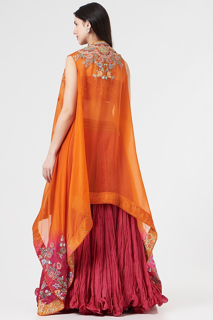 Orange Organza Embroidered Jacket Set by Debyani at Pernia's Pop Up Shop