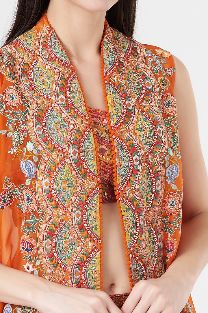 Orange Organza Embroidered Jacket Set by Debyani at Pernia's Pop Up Shop