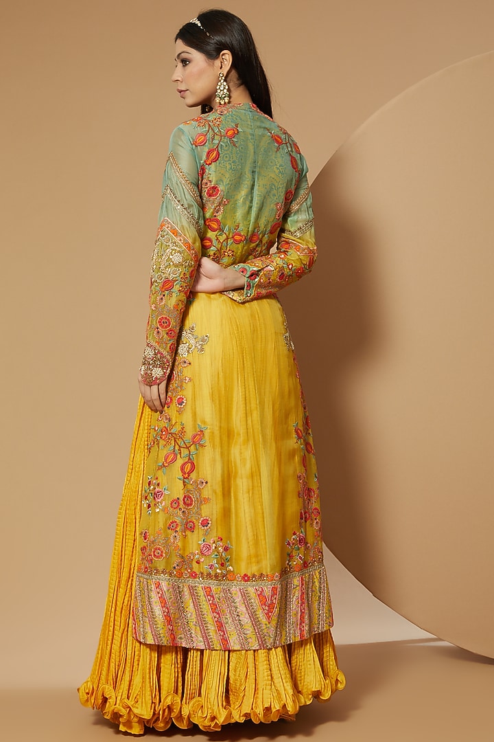 Pista Green & Mustard Chanderi Jacket Set by Debyani at Pernia's Pop Up Shop