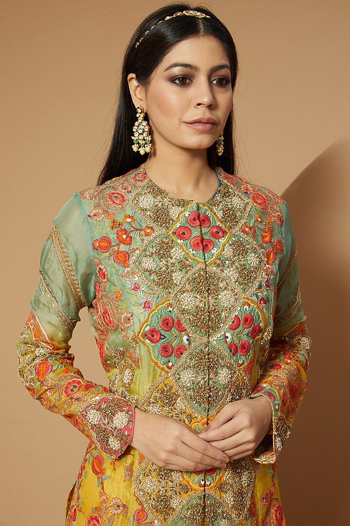 Pista Green & Mustard Chanderi Jacket Set by Debyani at Pernia's Pop Up Shop