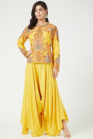 Mustard Chanderi Jacket Set by Debyani