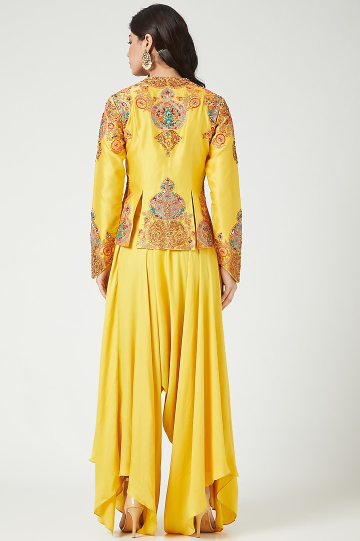 Mustard Chanderi Jacket Set by Debyani at Pernia's Pop Up Shop