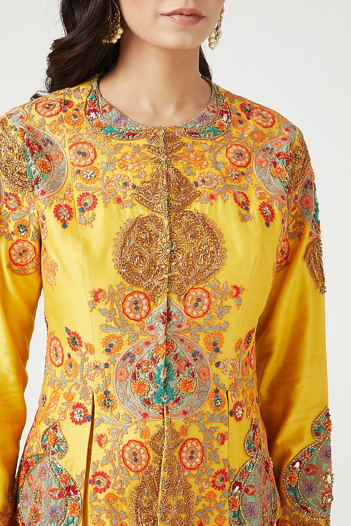 Mustard Chanderi Jacket Set by Debyani at Pernia's Pop Up Shop