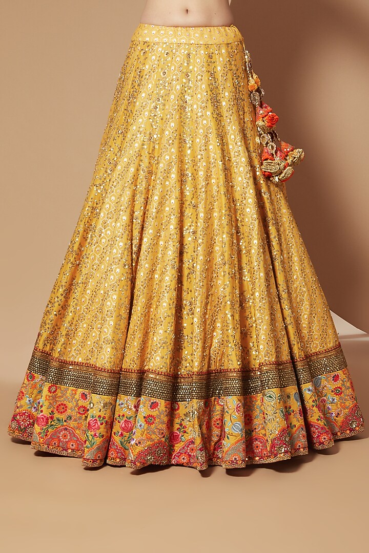 Mustard Jacquard Bridal Lehenga Set by Debyani at Pernia's Pop Up Shop