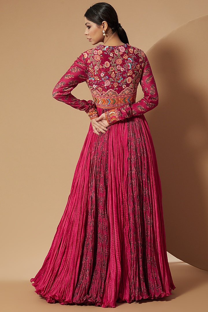 Magenta Crushed Chanderi Bridal Anarkali Set With Jacket by Debyani at Pernia's Pop Up Shop