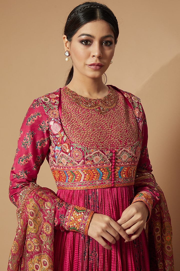 Magenta Crushed Chanderi Bridal Anarkali Set With Jacket by Debyani at Pernia's Pop Up Shop
