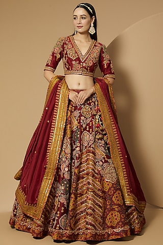 Red Habutai Silk Lehenga Set by Debyani