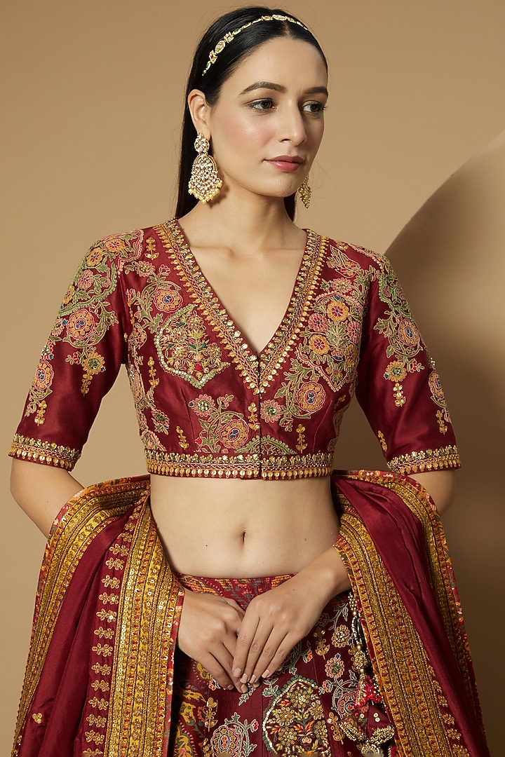 Red Habutai Silk Bridal Lehenga Set by Debyani at Pernia's Pop Up Shop