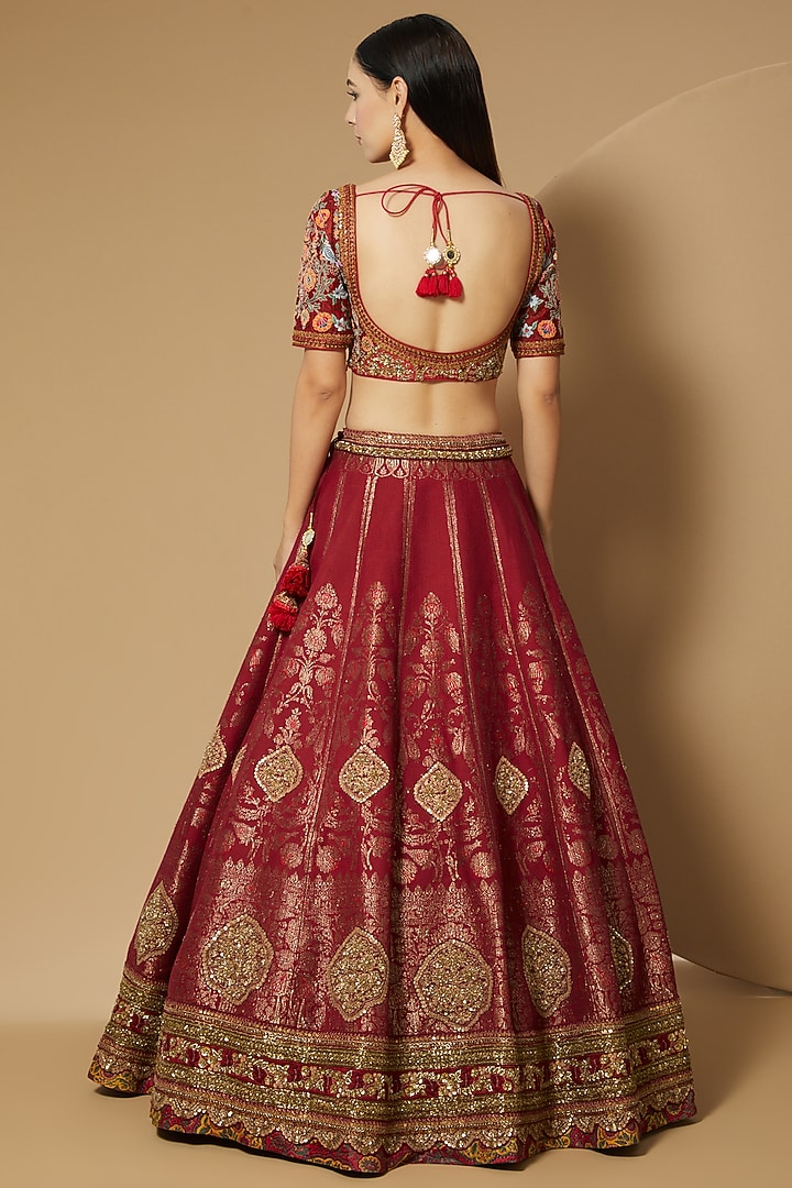 Maroon Chanderi Bridal Lehenga Set by Debyani at Pernia's Pop Up Shop