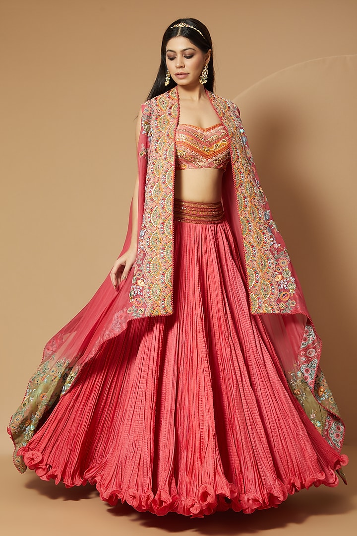 Candy Pink Chanderi Crushed Skirt Set by Debyani