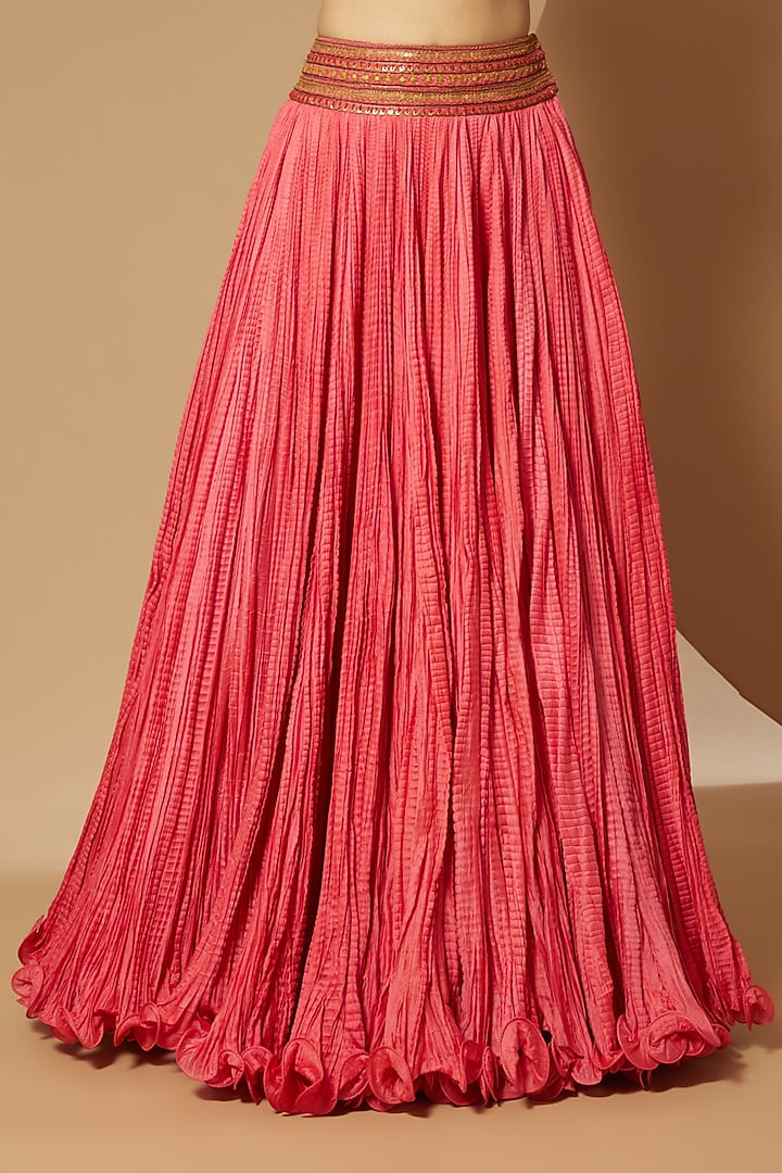 Candy Pink Chanderi Crushed Skirt Set by Debyani at Pernia's Pop Up Shop