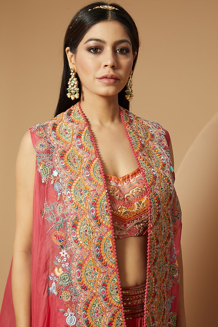 Candy Pink Chanderi Crushed Skirt Set by Debyani at Pernia's Pop Up Shop