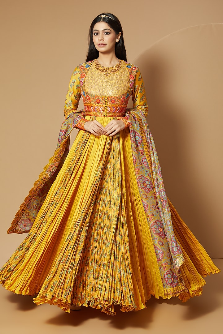 Mustard Crushed Chanderi Anarkali Set by Debyani