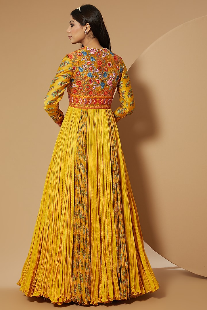 Mustard Crushed Chanderi Bridal Anarkali Set by Debyani at Pernia's Pop Up Shop