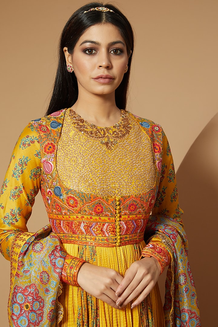 Mustard Crushed Chanderi Bridal Anarkali Set by Debyani at Pernia's Pop Up Shop