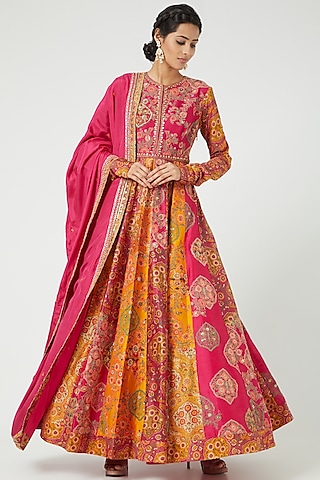Magenta & Orange Printed Kalidar Anarkali Set by Debyani