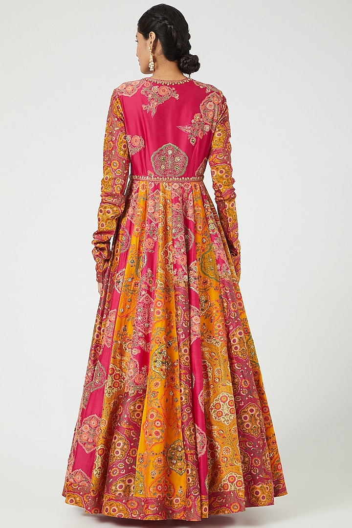 Magenta & Orange Printed Kalidar Bridal Anarkali Set by Debyani at Pernia's Pop Up Shop