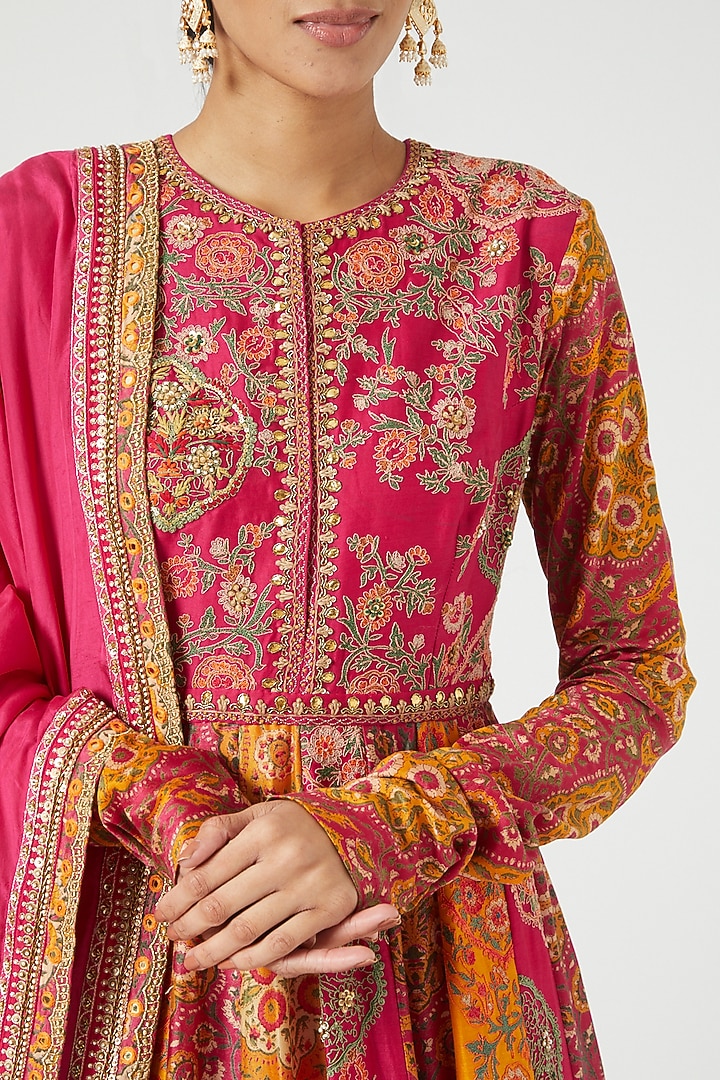 Magenta & Orange Printed Kalidar Bridal Anarkali Set by Debyani at Pernia's Pop Up Shop