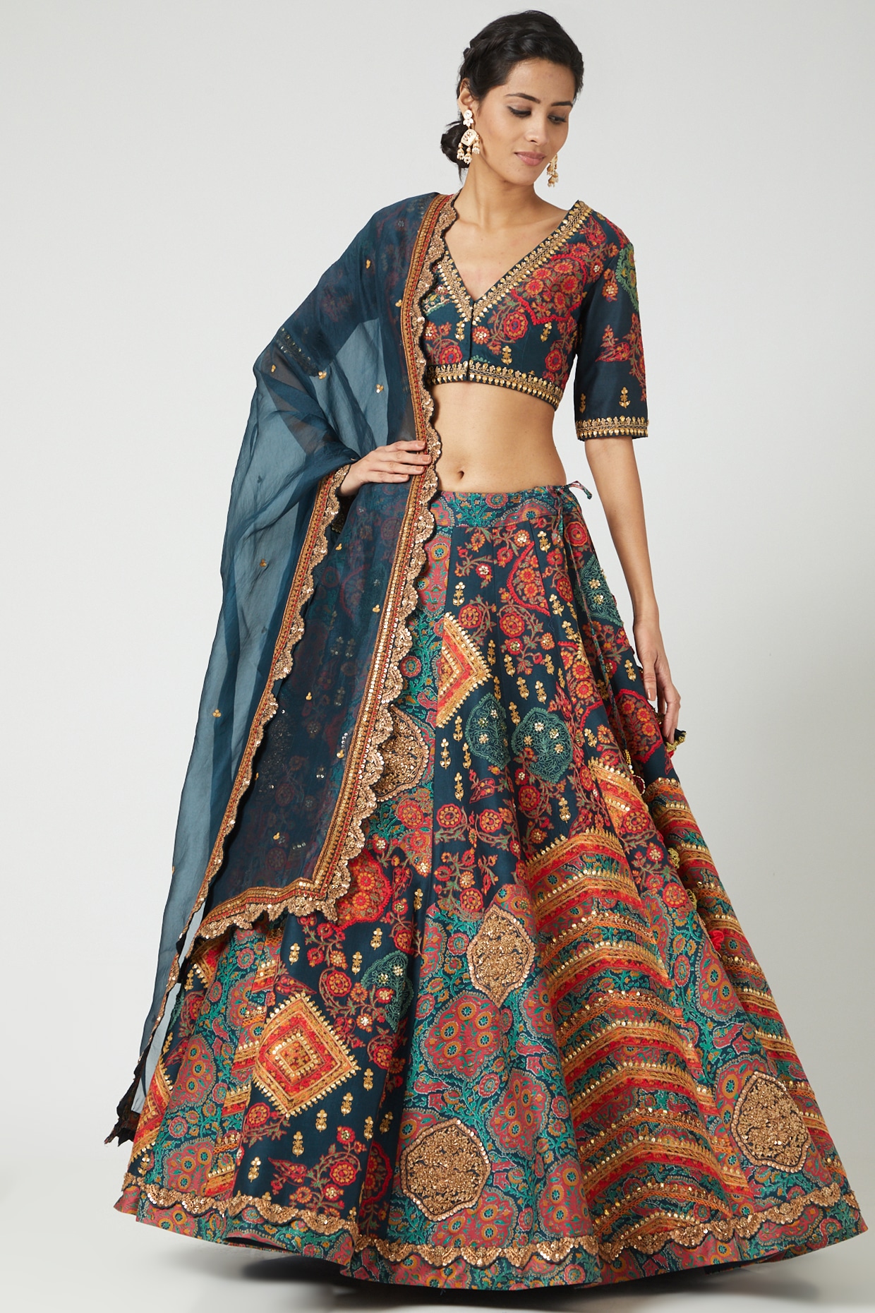Buy Blue Chanderi Woven Floral Plunge V Neck Mughal Lehenga Set For Women  by Jiya by Veer Design Studio Online at Aza Fashions.