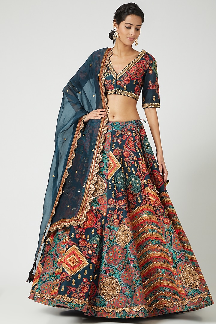 Navy Blue Chanderi Bridal Lehenga Set by Debyani at Pernia's Pop Up Shop