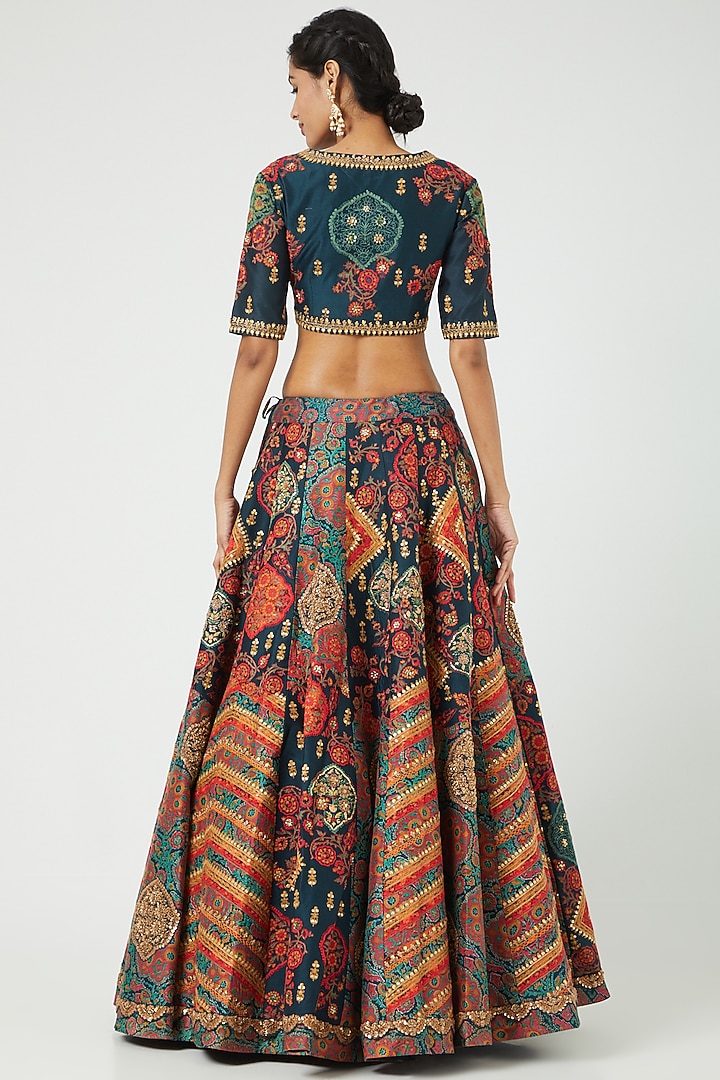 Navy Blue Chanderi & Organza Embroidered Bridal Lehenga Set by Debyani at Pernia's Pop Up Shop