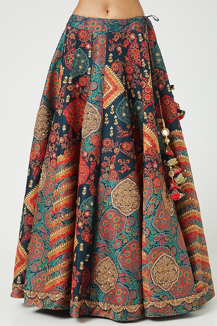 Navy Blue Chanderi & Organza Embroidered Bridal Lehenga Set by Debyani at Pernia's Pop Up Shop