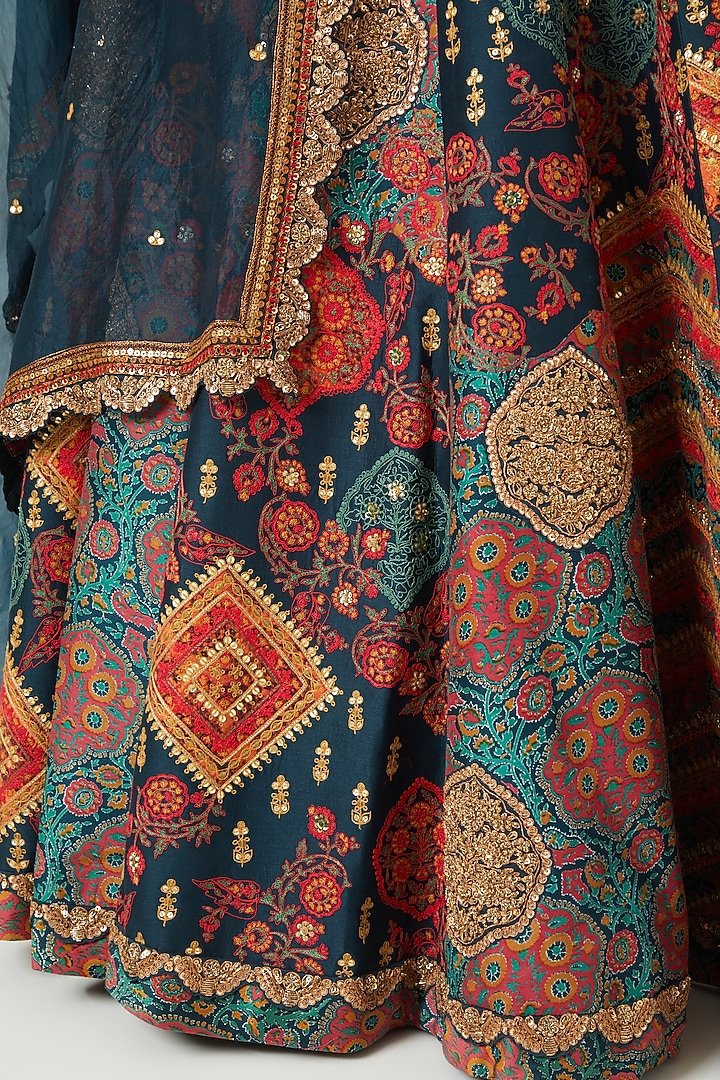 Navy Blue Chanderi & Organza Embroidered Bridal Lehenga Set by Debyani at Pernia's Pop Up Shop