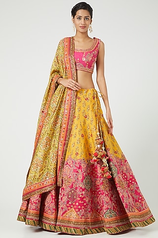 Mustard Printed Lehenga Set by Debyani