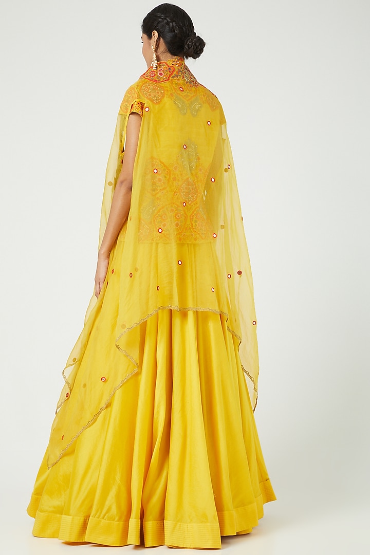 Mustard Chanderi & Raw Silk Jacket Wedding Lehenga Set by Debyani at Pernia's Pop Up Shop