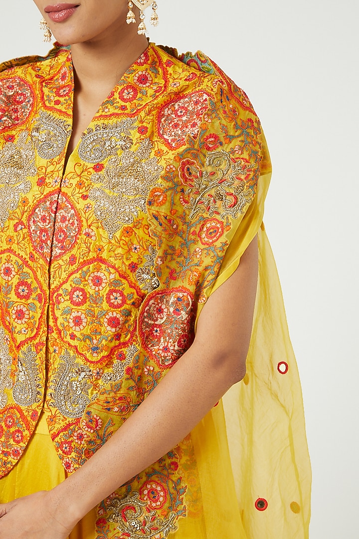 Mustard Chanderi & Raw Silk Jacket Wedding Lehenga Set by Debyani at Pernia's Pop Up Shop