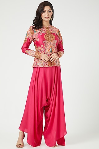 Magenta Chanderi Jacket Set by Debyani