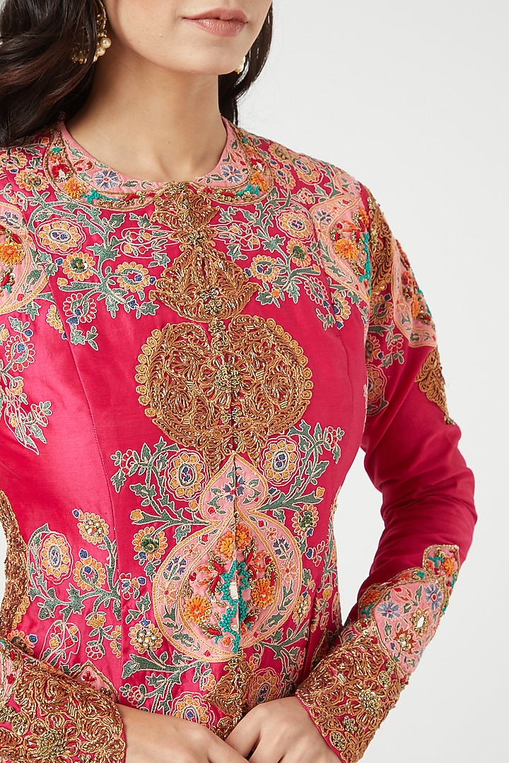 Magenta Chanderi Jacket Set by Debyani at Pernia's Pop Up Shop