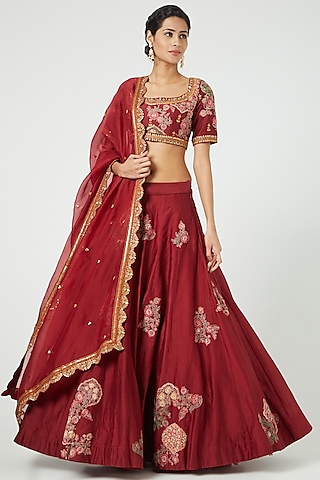 Maroon Chanderi Lehenga Set by Debyani