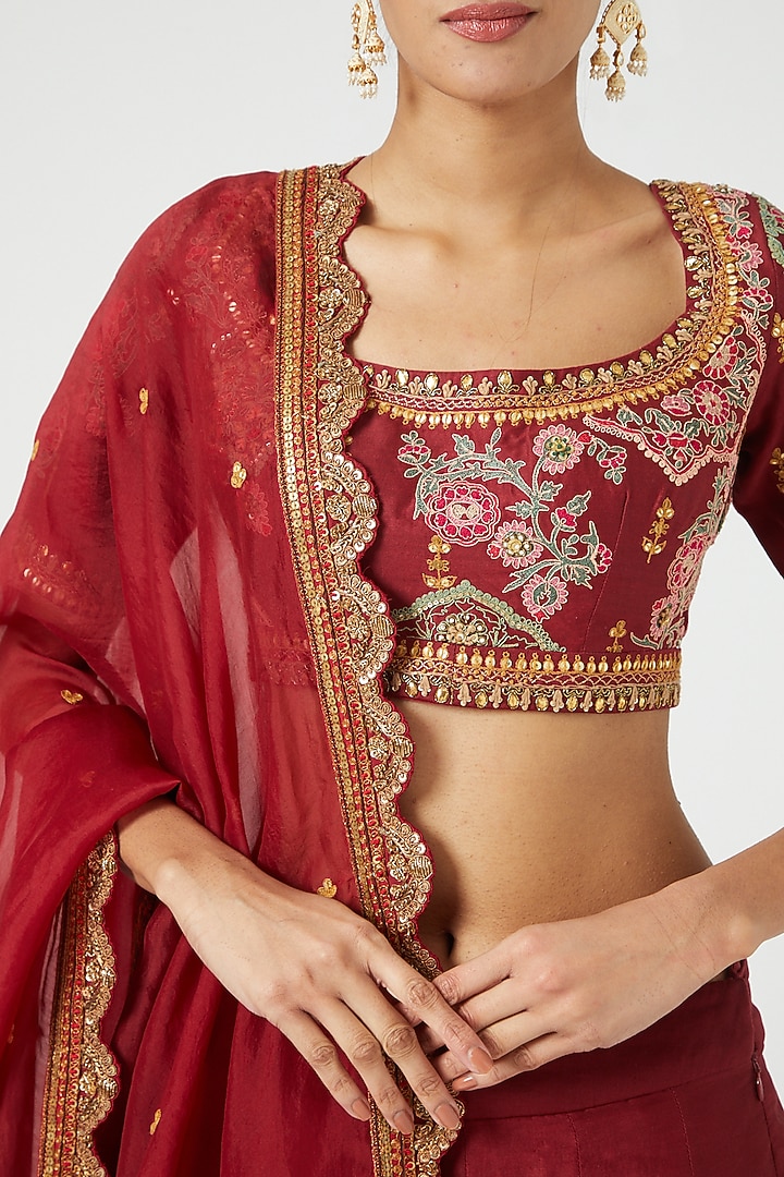 Maroon Chanderi Wedding Lehenga Set by Debyani at Pernia's Pop Up Shop