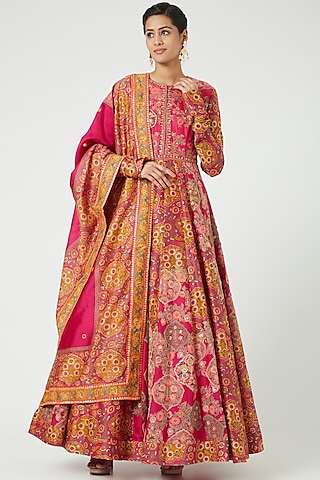 Magenta & Orange Mughal Printed Kalidar Anarkali Set by Debyani