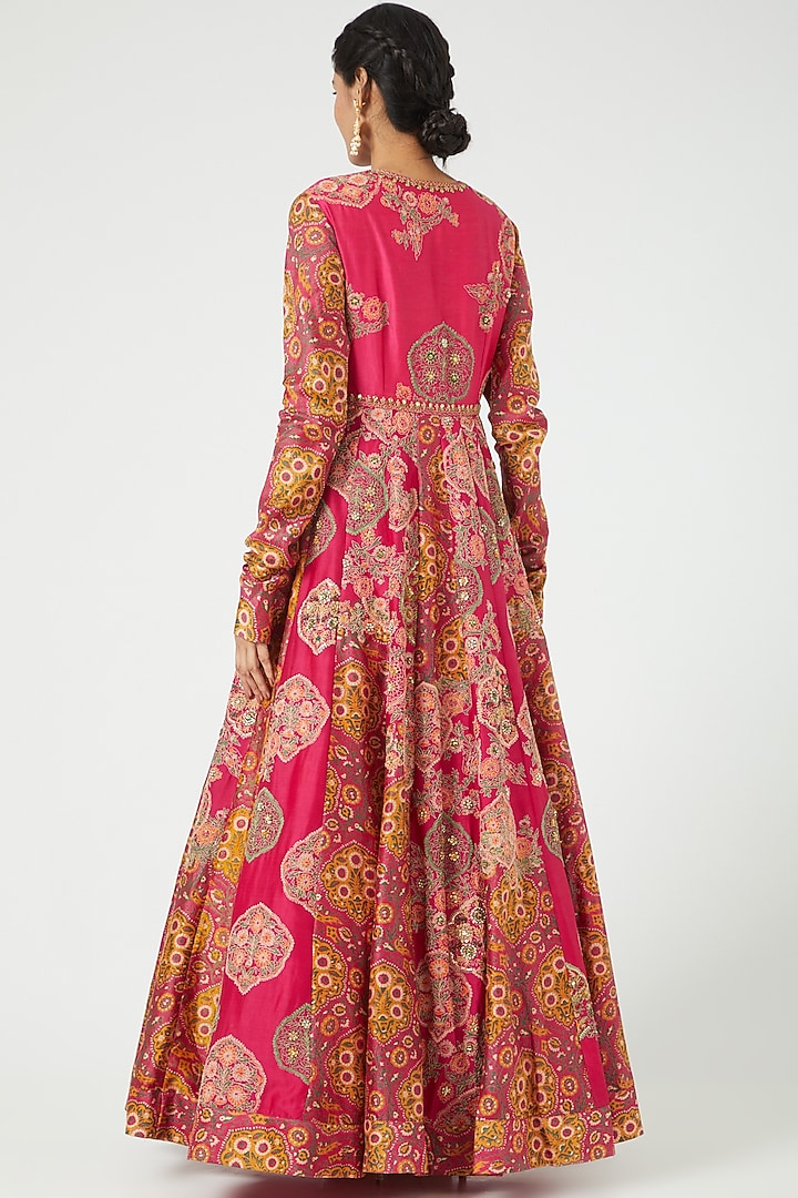 Magenta & Orange Mughal Printed Kalidar Bridal Anarkali Set by Debyani at Pernia's Pop Up Shop