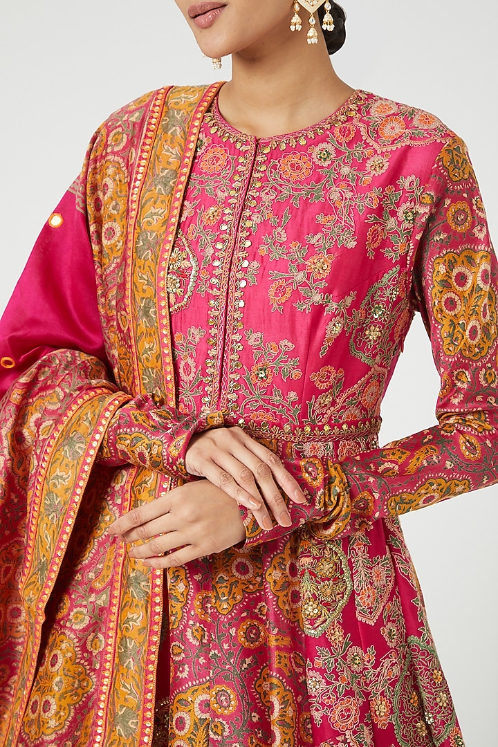 Magenta & Orange Mughal Printed Kalidar Bridal Anarkali Set by Debyani at Pernia's Pop Up Shop