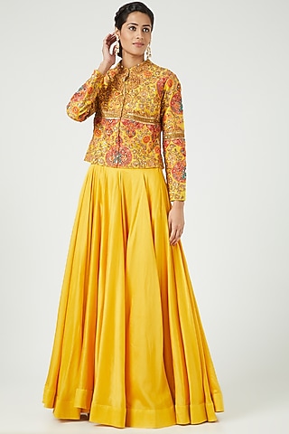 Mustard Raw Silk Jacket Set by Debyani