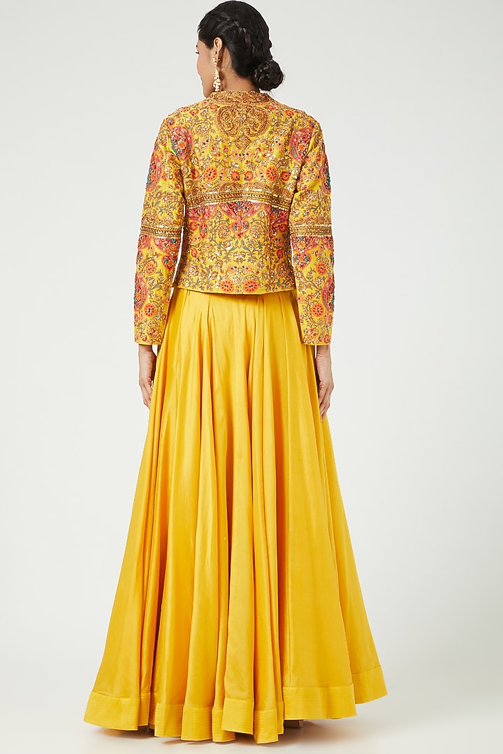 Mustard Raw Silk Jacket Set by Debyani at Pernia's Pop Up Shop