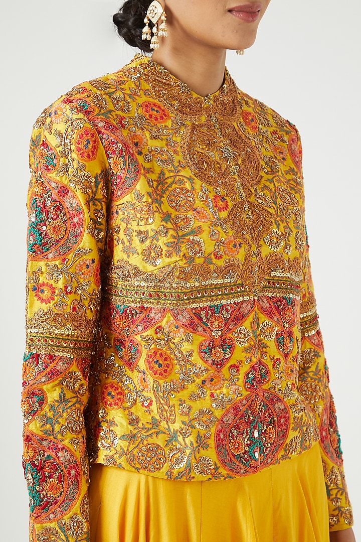 Mustard Raw Silk Jacket Set by Debyani at Pernia's Pop Up Shop