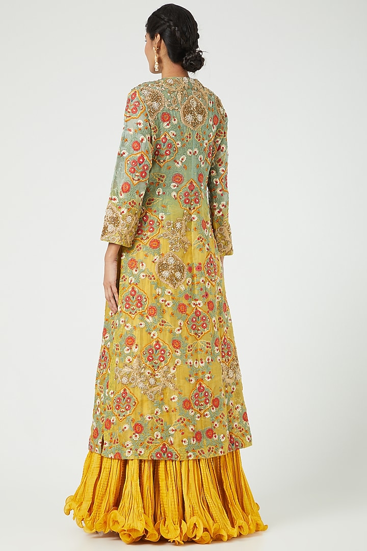 Mustard Organza Scalloped Long Jacket Set by Debyani at Pernia's Pop Up Shop