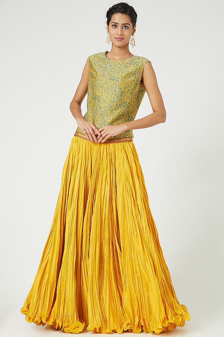 Mustard Organza Scalloped Long Jacket Set by Debyani at Pernia's Pop Up Shop