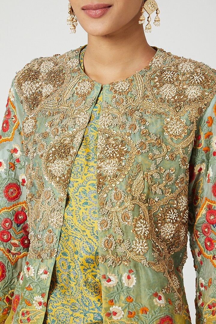Mustard Organza Scalloped Long Jacket Set by Debyani at Pernia's Pop Up Shop