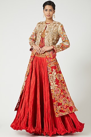 Red Organza Scalloped Long Jacket Set by Debyani