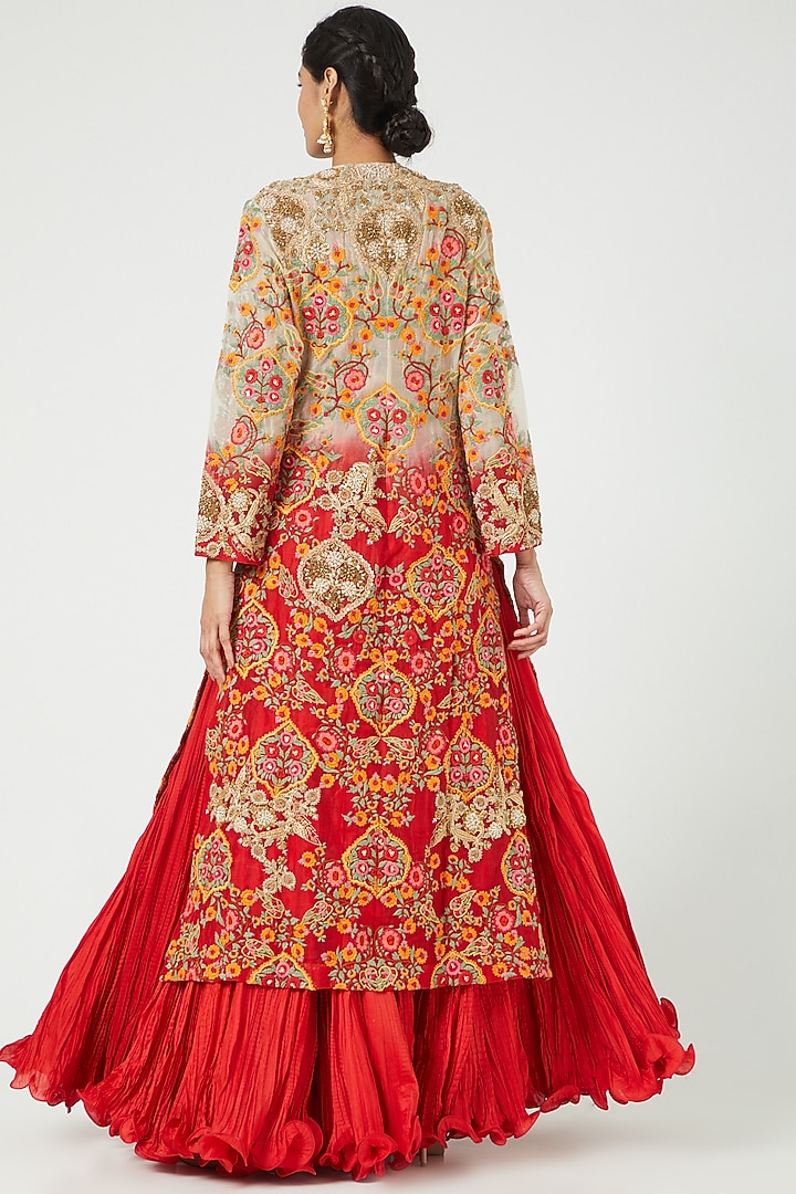 Red Organza Scalloped Long Jacket Set by Debyani at Pernia's Pop Up Shop