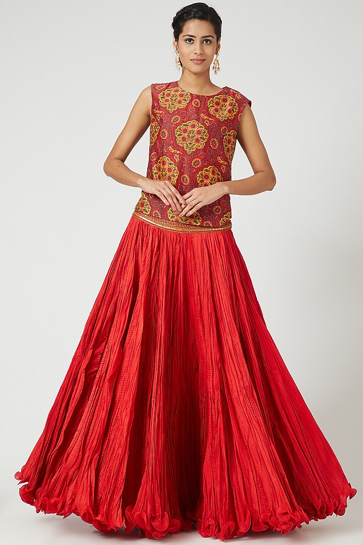 Red Organza Scalloped Long Jacket Set by Debyani at Pernia's Pop Up Shop