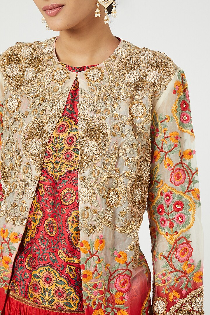 Red Organza Scalloped Long Jacket Set by Debyani at Pernia's Pop Up Shop