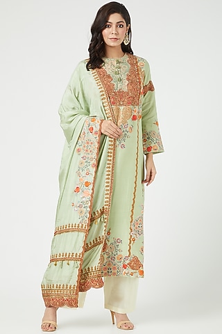 Pista Green Chanderi Scalloped Kurta Set by Debyani