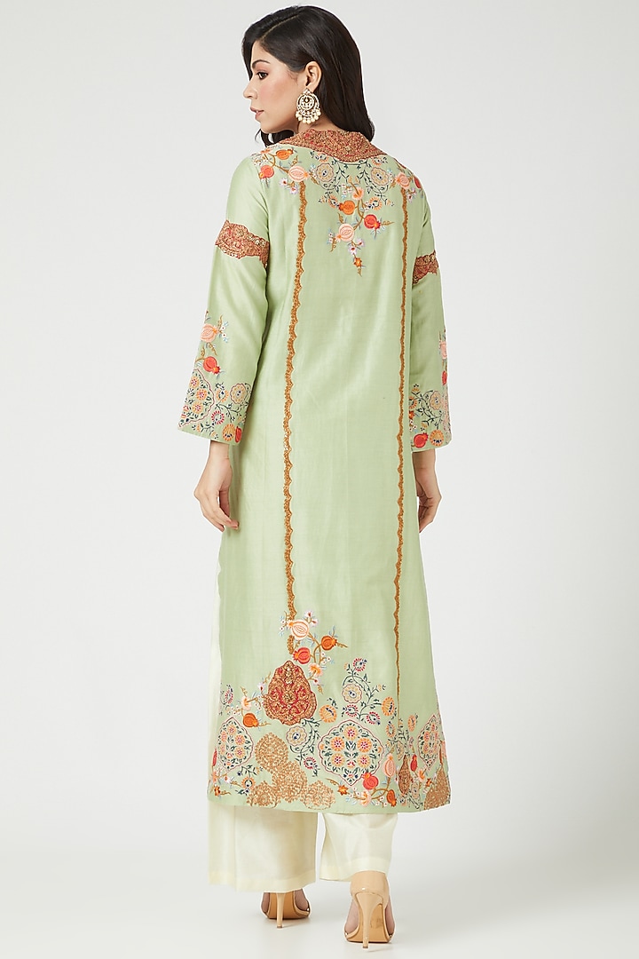 Pista Green Chanderi Scalloped Kurta Set by Debyani at Pernia's Pop Up Shop
